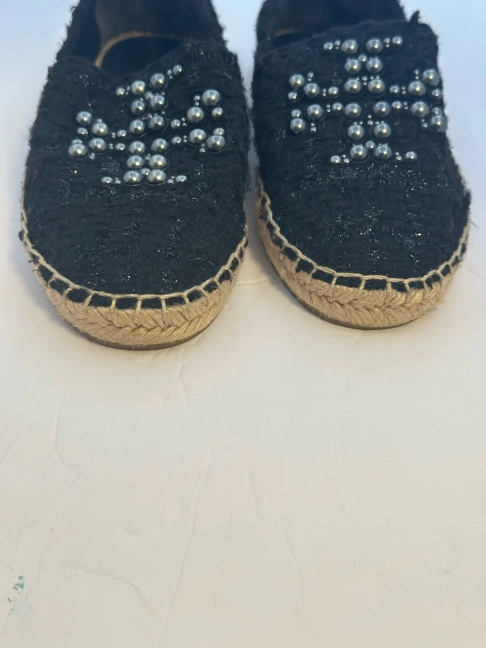 Tory Burch Black Pearl-Embellished Espadrille Flats Size 6.5